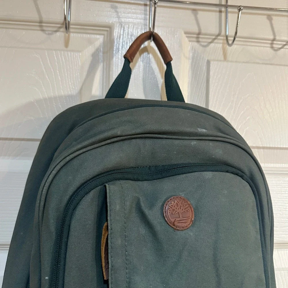 Timberland Canvas Backpack Forest Green Leather Trim Outdoor Laptop Bag Travel